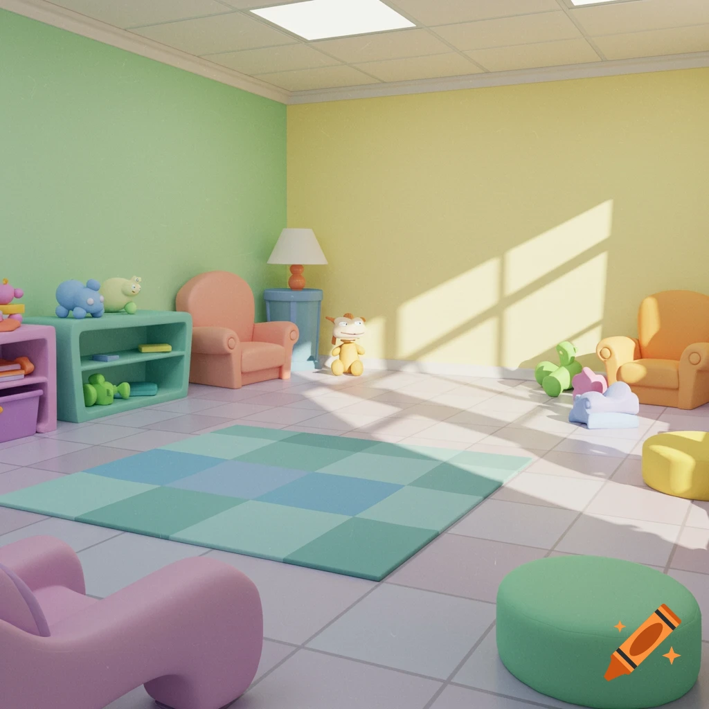 Pastel-colored cartoon playroom with child-sized furniture, toys, a checkered rug, and sunlight streaming on the tiled floor.