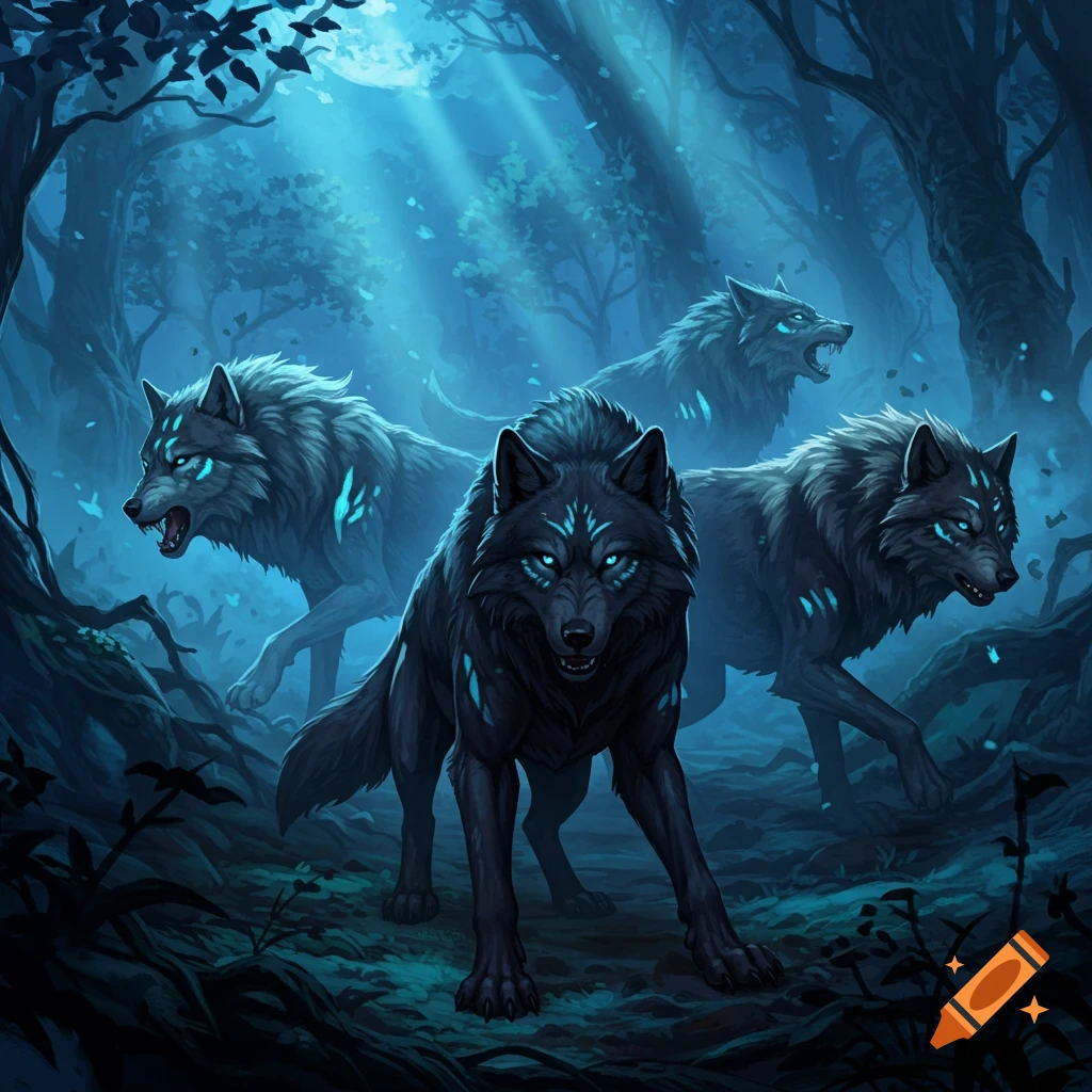 Four dark wolves with glowing blue eyes and markings stand fiercely in a dark, moonlit forest, digital art.