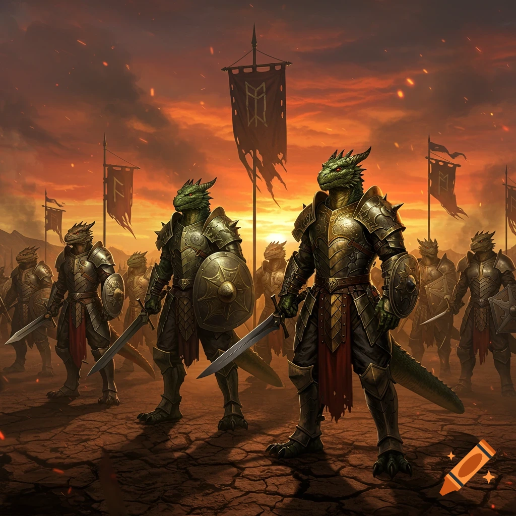 An army of armored dragonborn warriors stands in formation on cracked earth under a fiery orange sky with tattered banners.