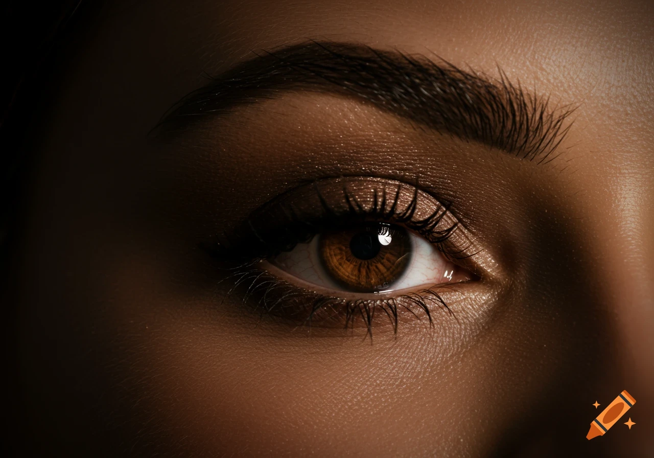 A close-up of a woman's brown eye with smokey brown eye makeup and long lashes, under cinematic lighting.
