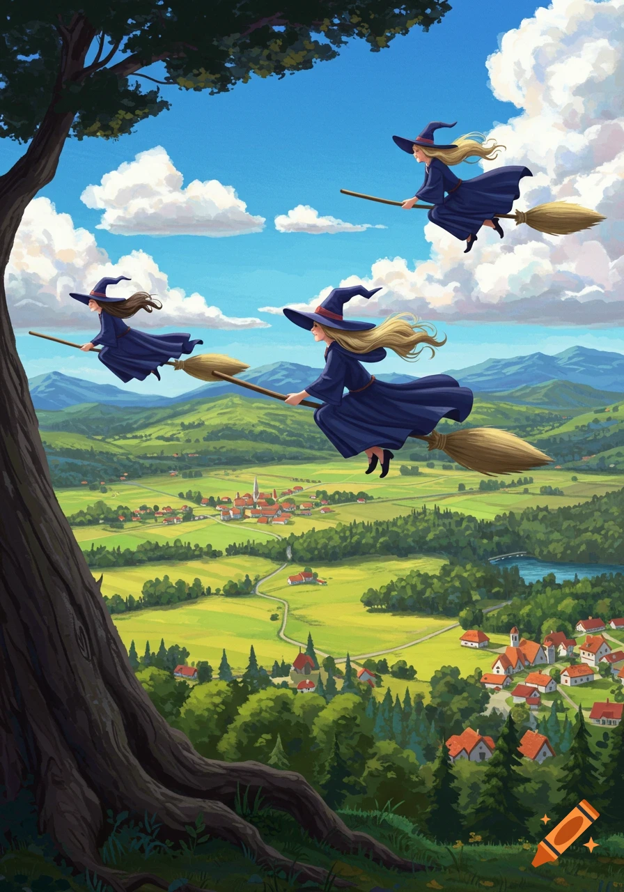 Three witches with long blonde hair fly on brooms over a lush green valley dotted with villages and a lake, under a blue sky with fluffy white clouds.