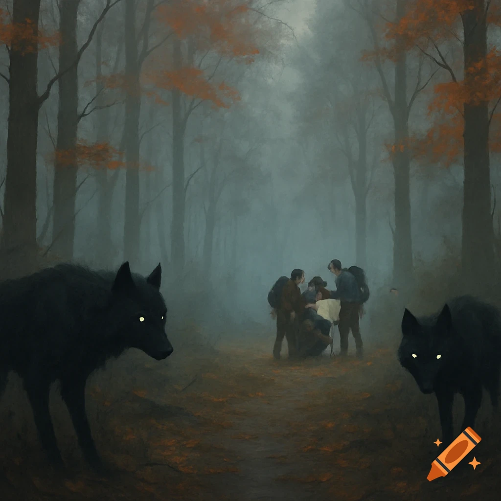 Two glowing-eyed black wolves watch hikers in a misty, dark autumn forest with orange leaves, in a mysterious painting style.