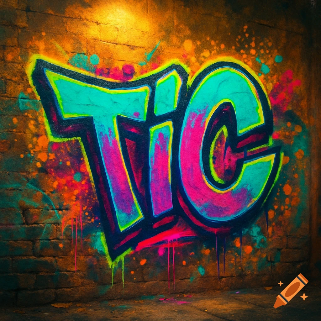Colorful graffiti tag 'TIC' with vibrant pink, teal, and green on a textured brick wall with paint splatters.