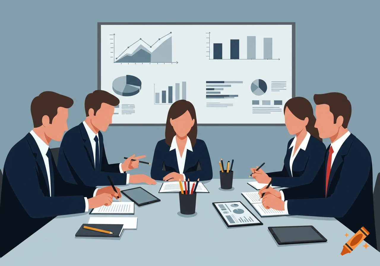 Vector illustration of a business meeting with six people around a table, a whiteboard with graphs in the background.