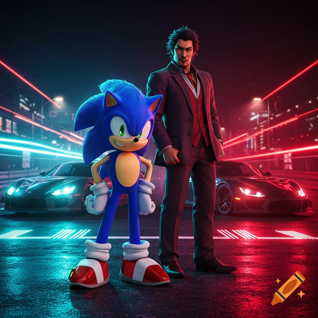 Sonic the Hedgehog and Ichiban Kasuga stand next to two sports cars on a wet street at night, illuminated by neon red and blue lights.