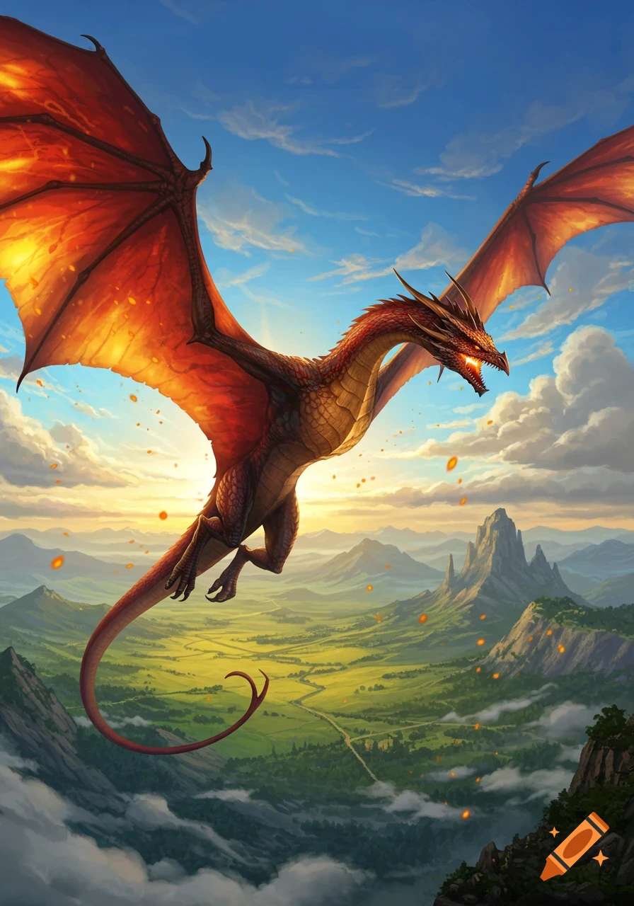 A majestic red dragon with fiery wings soars over a vibrant green ...