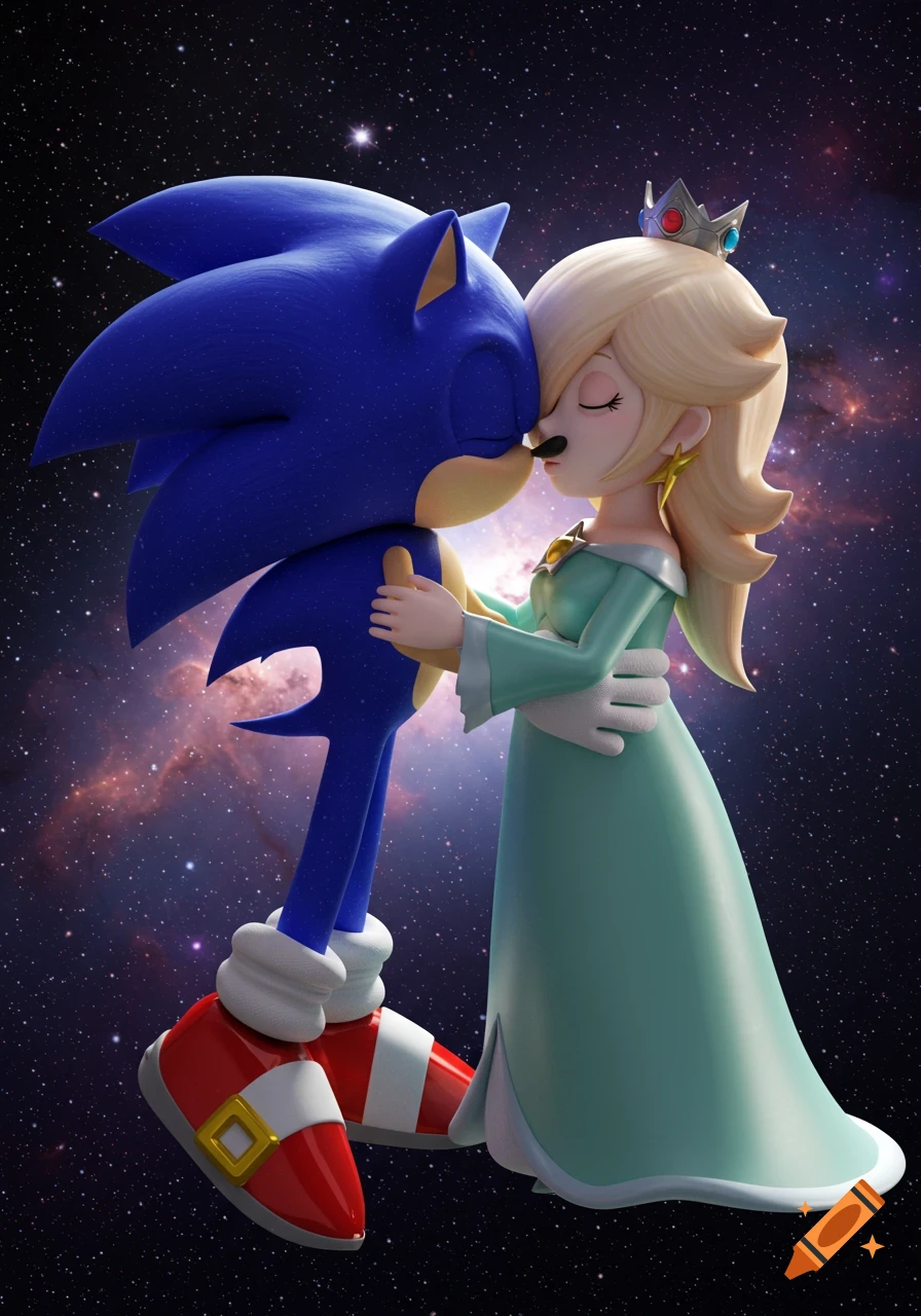 Sonic the Hedgehog and Princess Rosalina share a tender kiss in a vibrant 3D animated style against a galaxy backdrop.