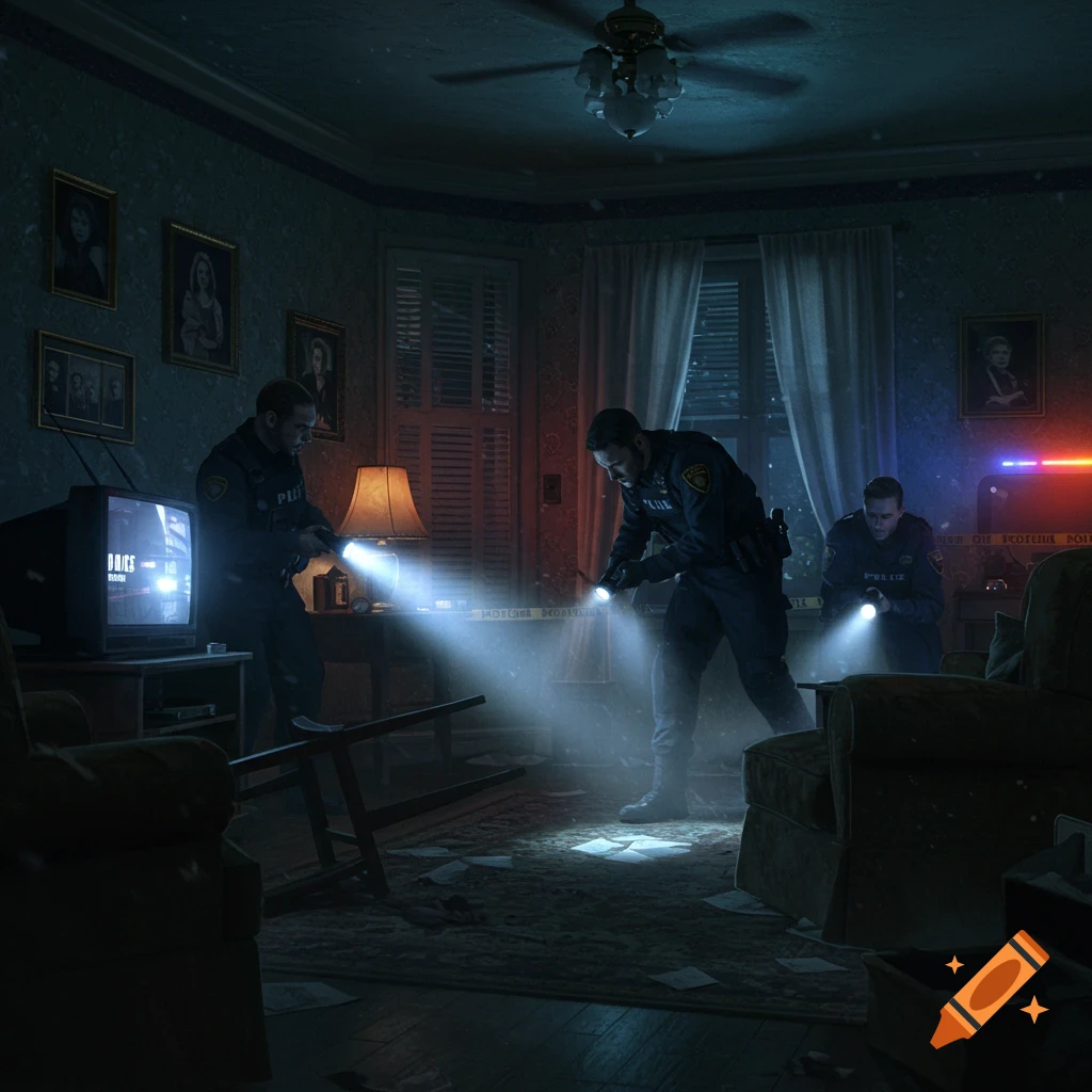 Three police officers in uniform search a dimly lit, messy house with flashlights, highlighting scattered papers and crime scene tape.