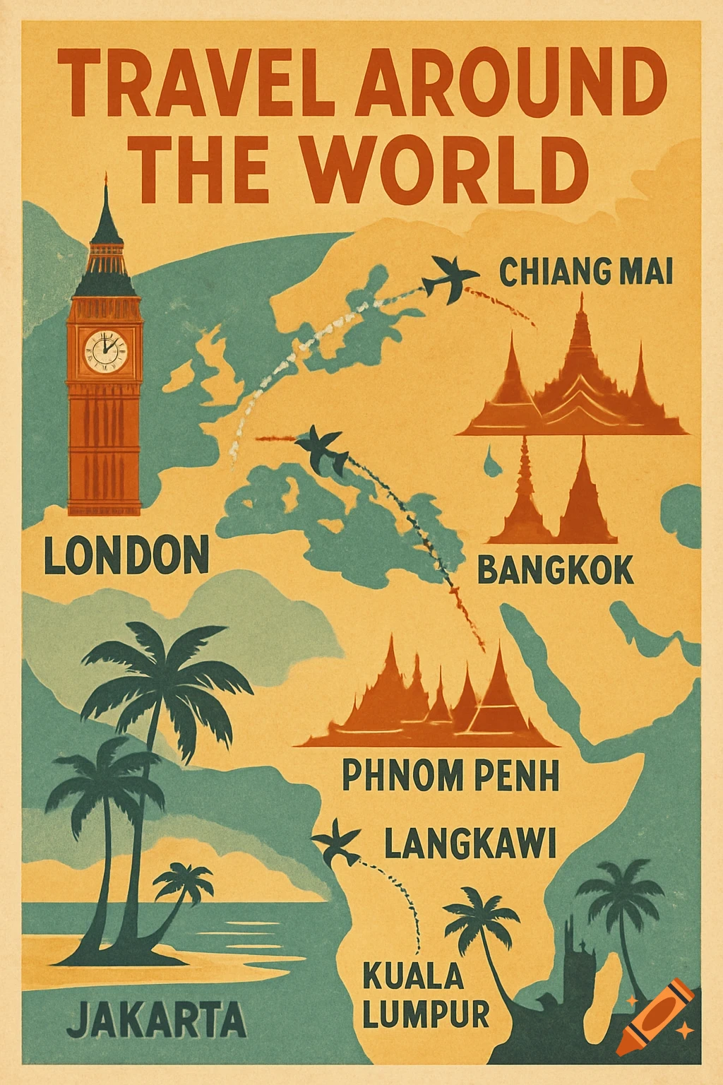 Vintage travel poster world map showing flight routes between London and Southeast Asian cities like Bangkok, with landmarks.