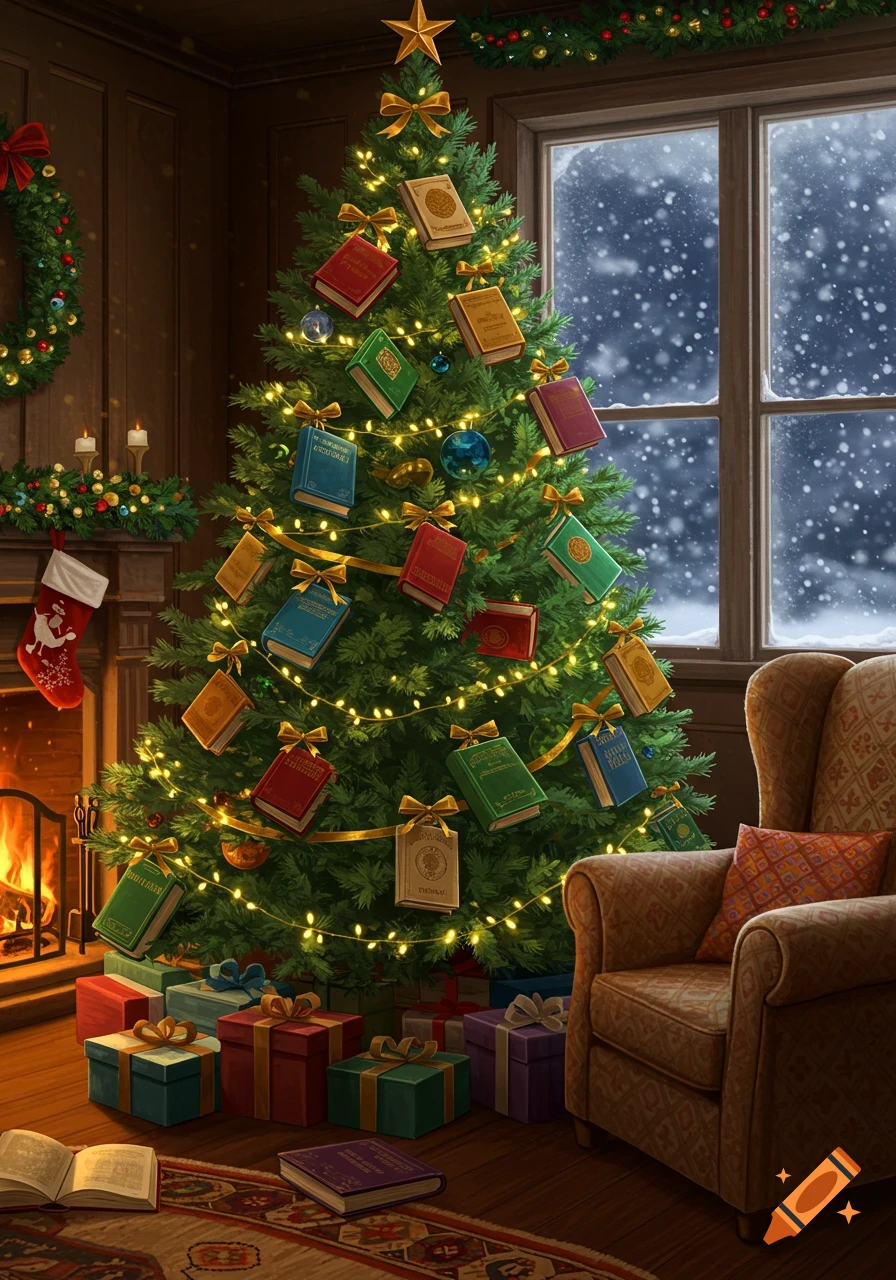 A cozy Christmas scene with a tree decorated with books and lights ...