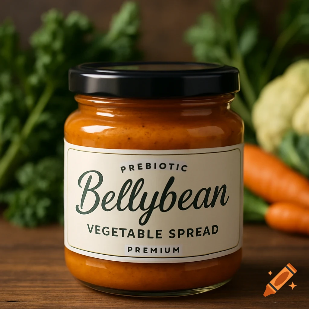 A jar of 'Bellybean Prebiotic Vegetable Spread' with a black lid and a white label, surrounded by blurred green vegetables and carrots on a wooden surface.