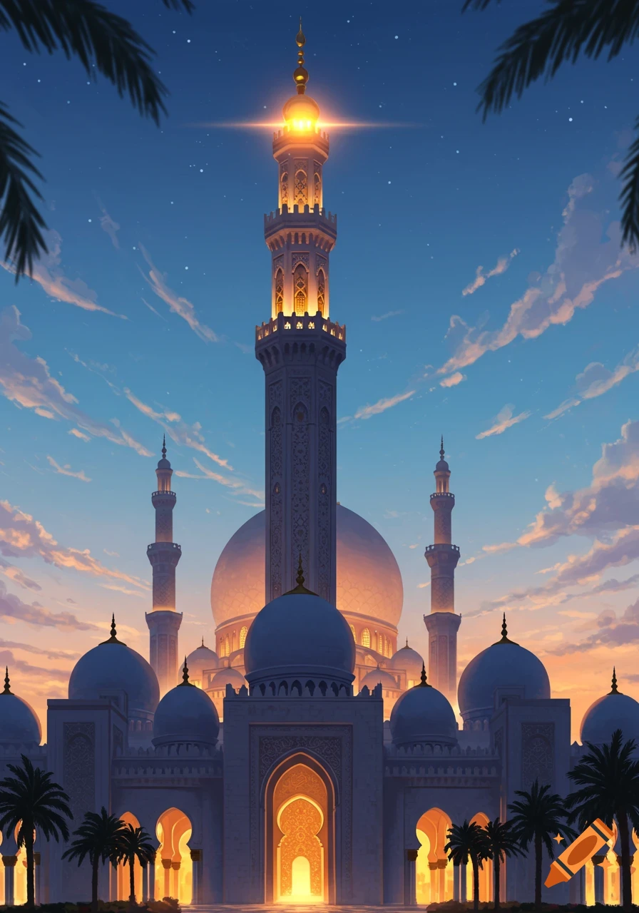 A digitally painted mosque with glowing minarets and domes against a sunset sky, framed by palm trees.