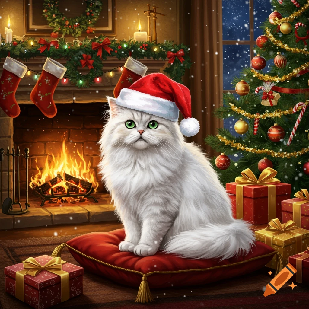 A fluffy white cat wearing a Santa hat sits on a red pillow in front of a cozy fireplace with Christmas stockings, next to a decorated Christmas tree and gifts. The scene is festive and detailed.