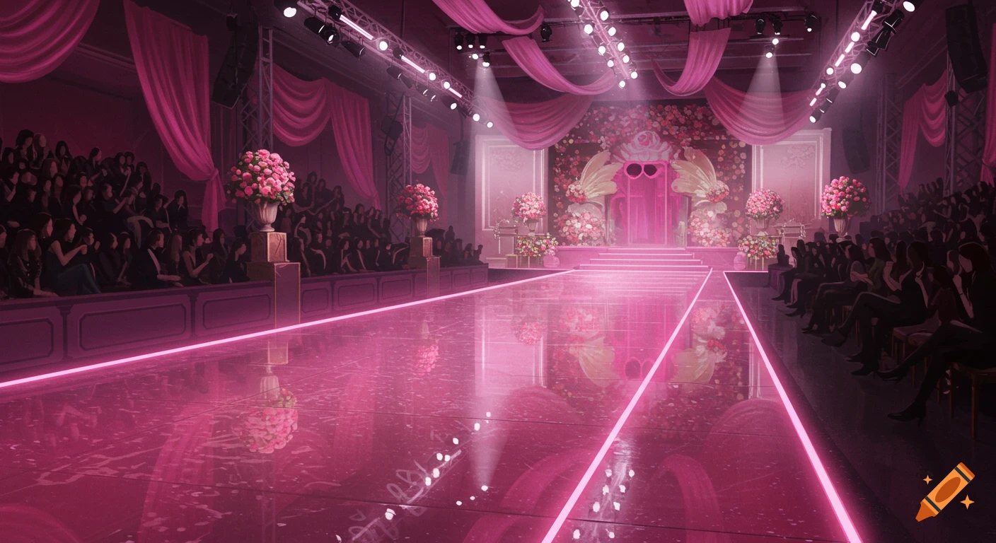 A vibrant pink fashion runway illuminated by neon lights, with an audience seated on both sides and a floral-decorated stage.