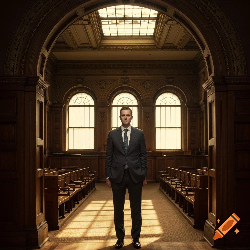 A man in a dark suit stands centrally in a grand, ornate courtroom with wooden pews and large arched windows, sunlight streaming in.