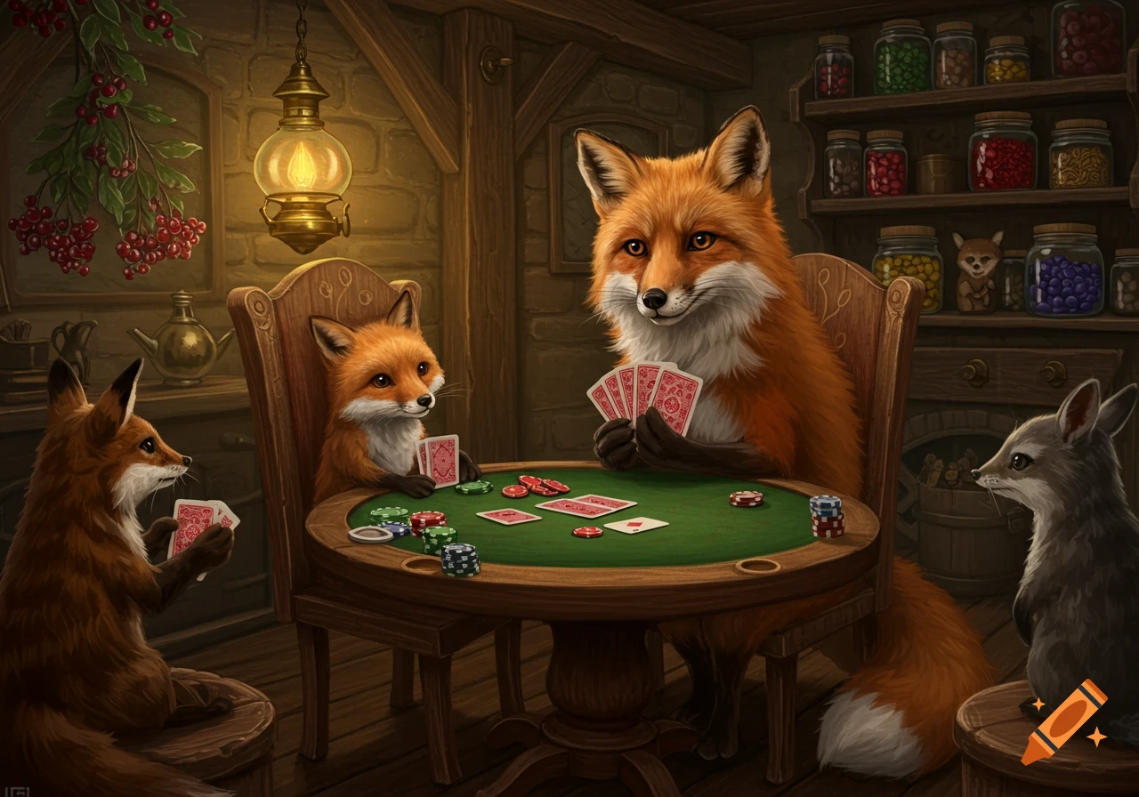 Three anthropomorphic foxes and a gray creature playing poker at a table in a rustic, warmly lit room.