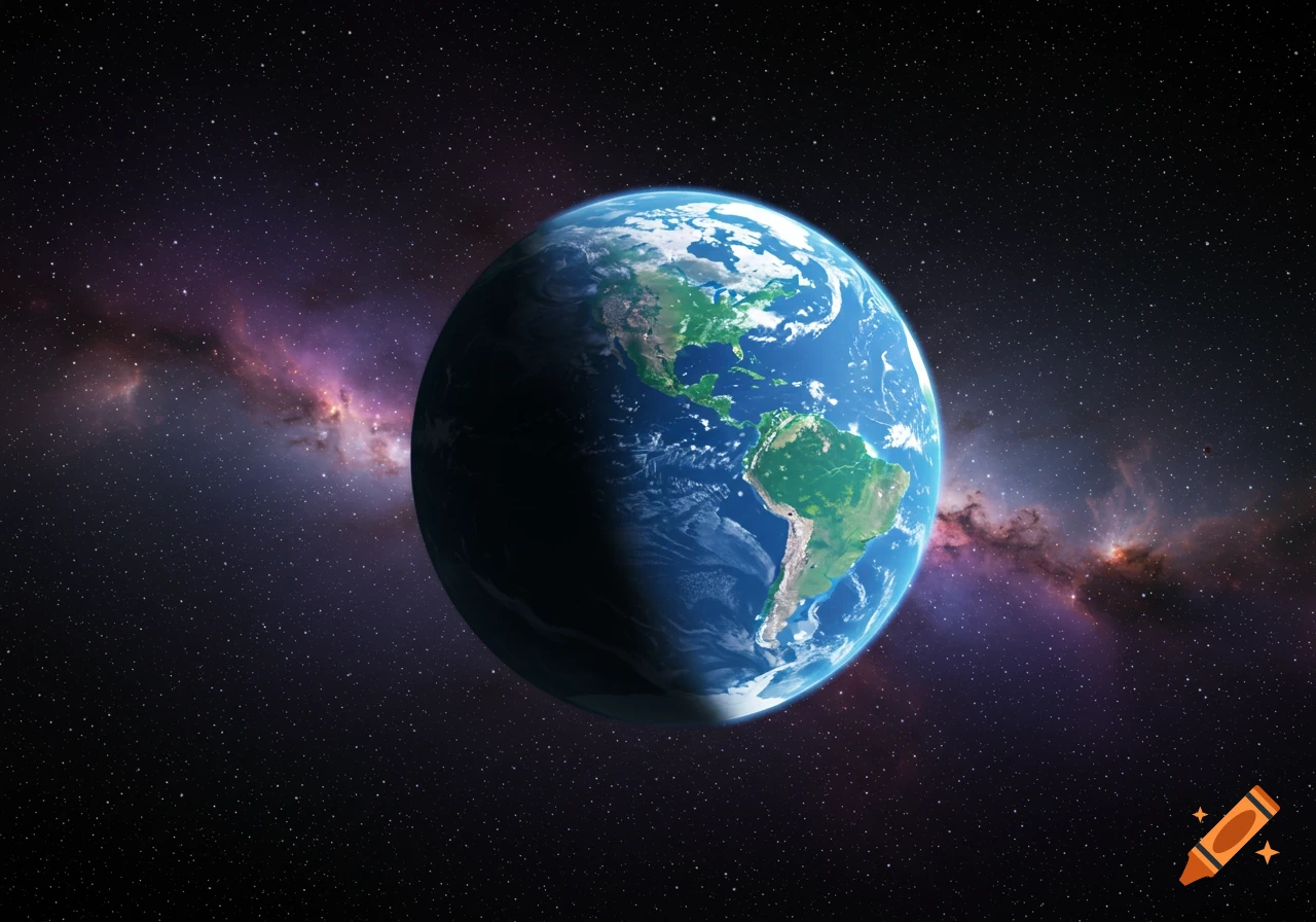 Photorealistic view of Earth from space, with North and South America illuminated, set against a dark, starry background with a colorful nebula.