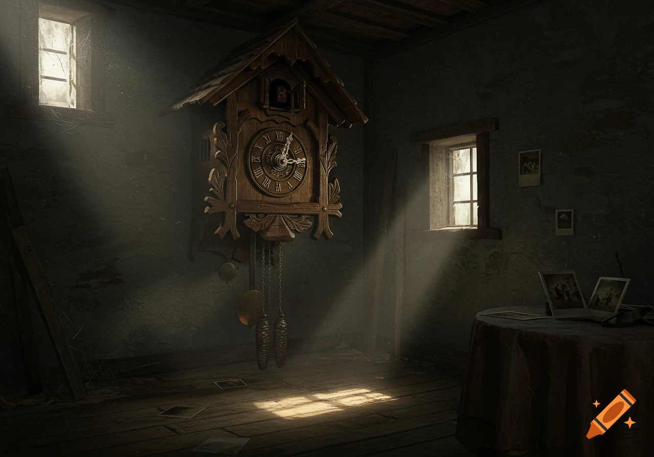 An old wooden cuckoo clock hangs on a dark, dusty wall in a dimly lit room, with sunbeams piercing through a window.