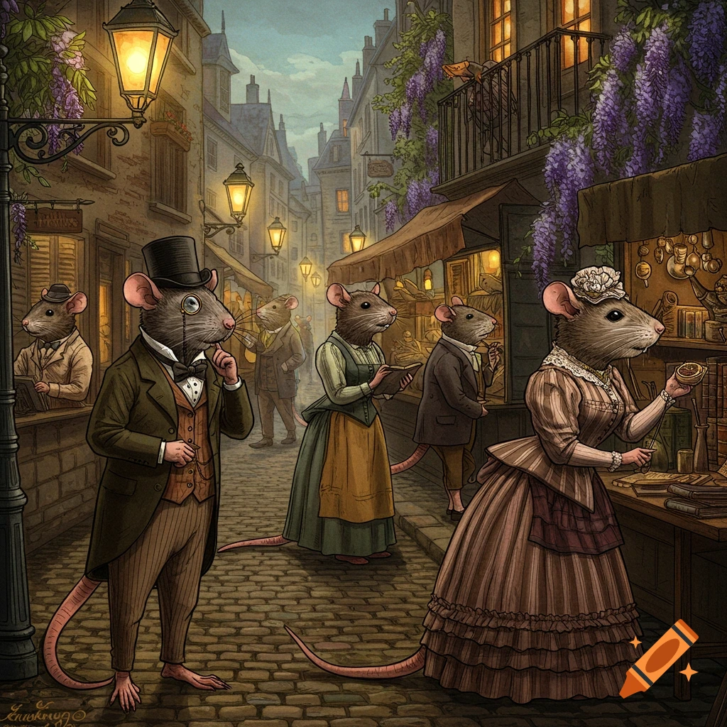 Anthropomorphic rats in Victorian attire walk and browse in a bustling lamplit city street with shops.