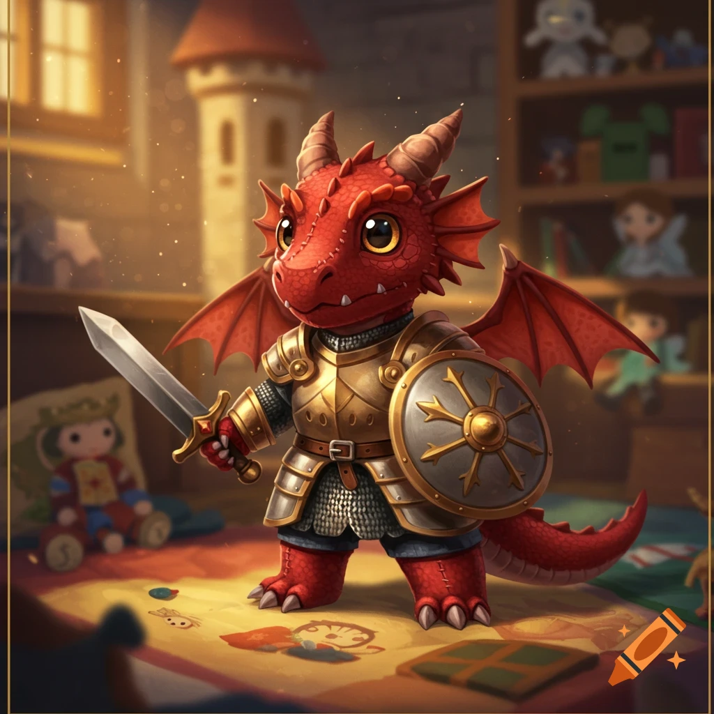 A cute red dragon in golden armor, holding a sword and shield, stands on a mat in a child's room, cartoon style.