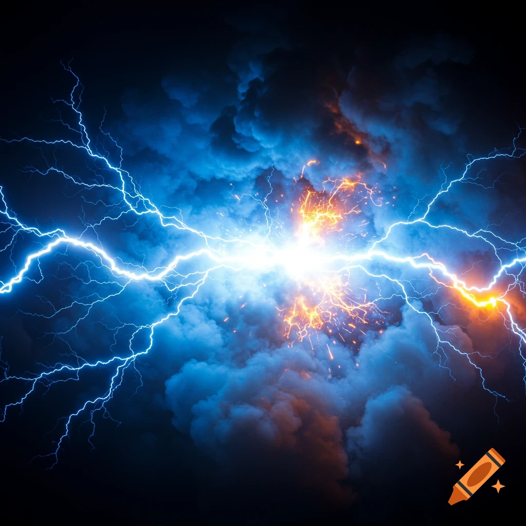 Dynamic electric arc flash with bright blue lightning bolts and orange sparks against a dark, cloudy background.