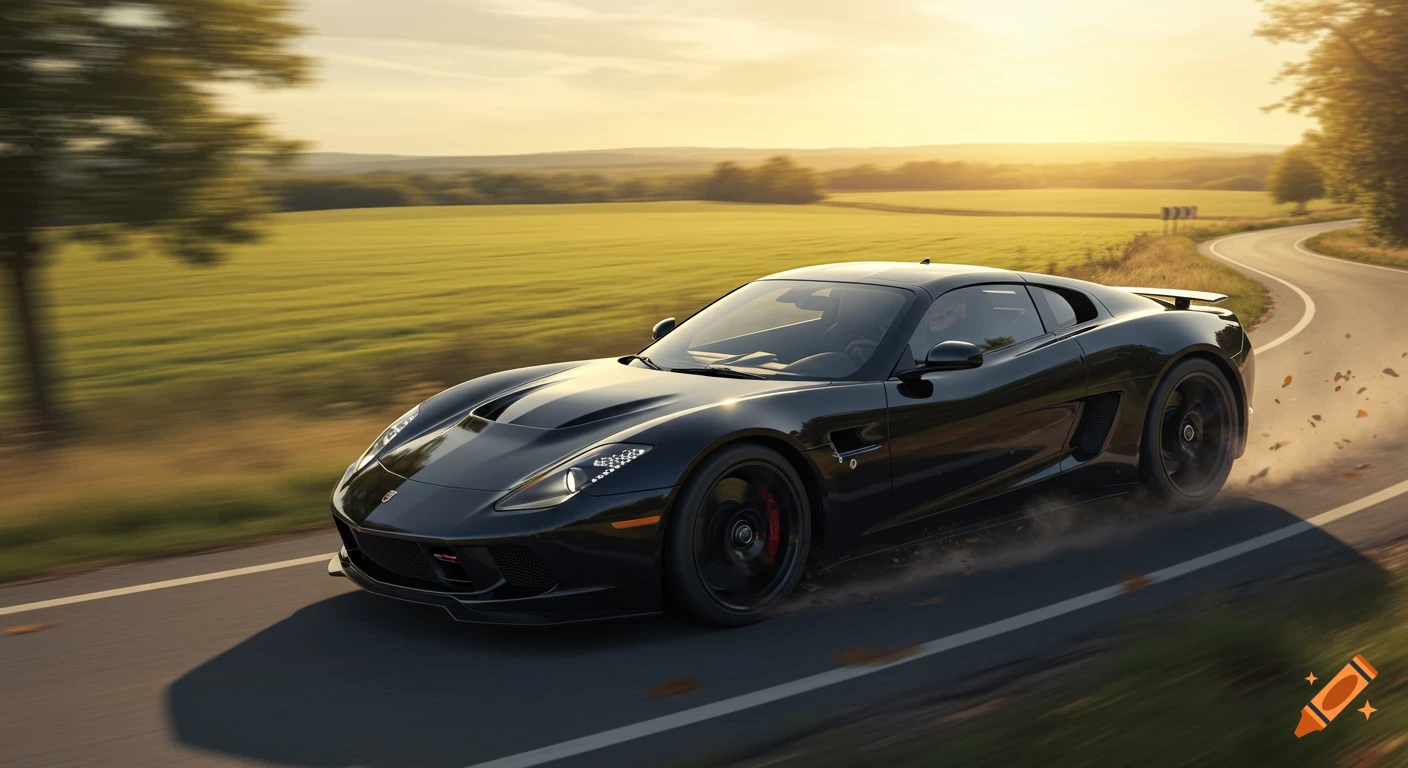 A sleek black sports car speeds along a winding country road through a ...