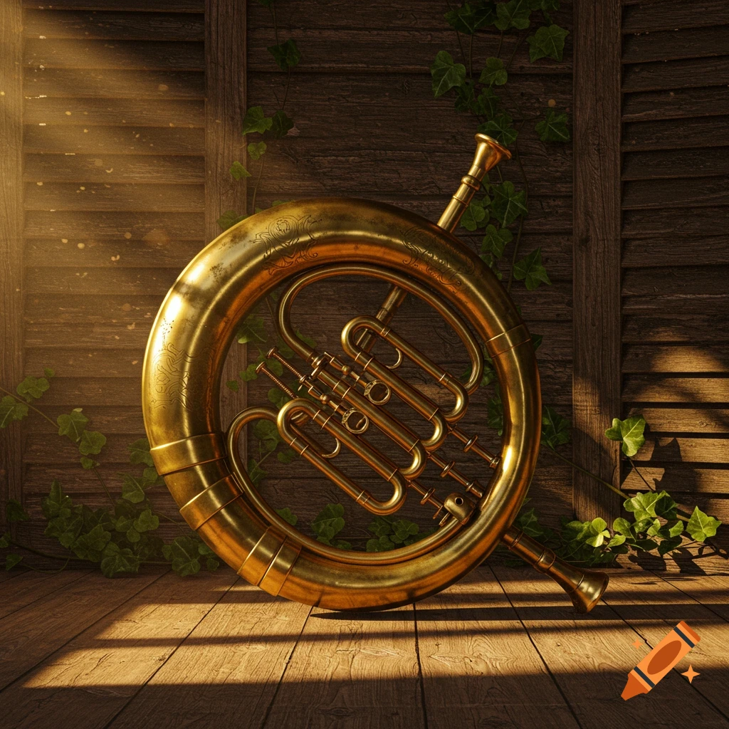 A gleaming golden brass horn rests against a rustic wooden wall covered with ivy, bathed in sunlight on a wooden floor.