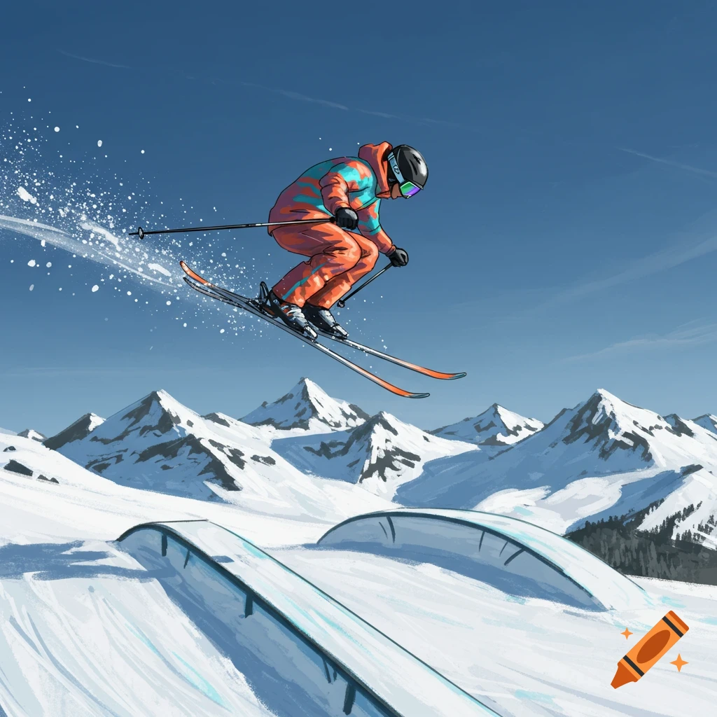 A vibrant illustration of a skier in an orange and blue suit jumping over a snow ramp in a sunny mountain ski park.