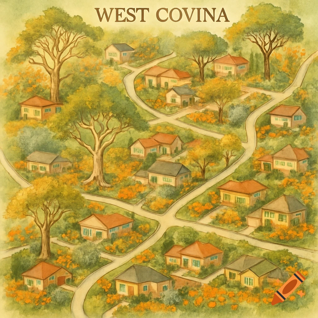 A watercolor painting depicting an aerial view of West Covina neighborhood with houses, winding roads, trees, and orange flowers.
