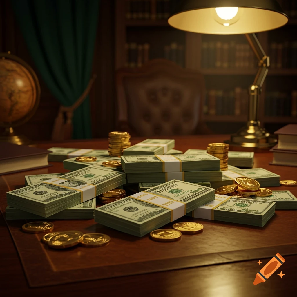 Stacks of one hundred dollar bills and scattered gold coins on a wooden desk in a dimly lit study with a globe and books.