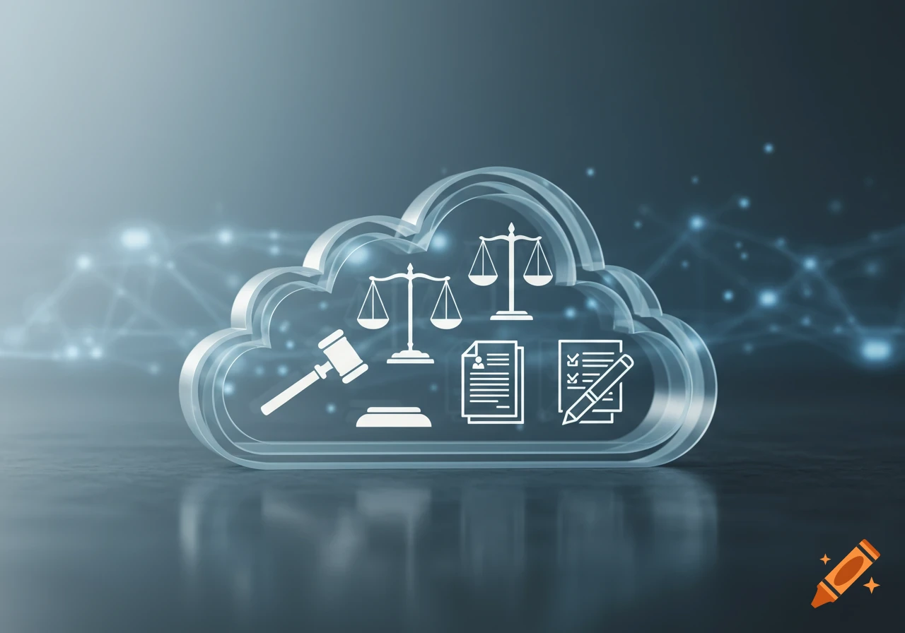 Translucent cloud icon with legal symbols like scales of justice, a gavel, and documents, on a dark tech background.