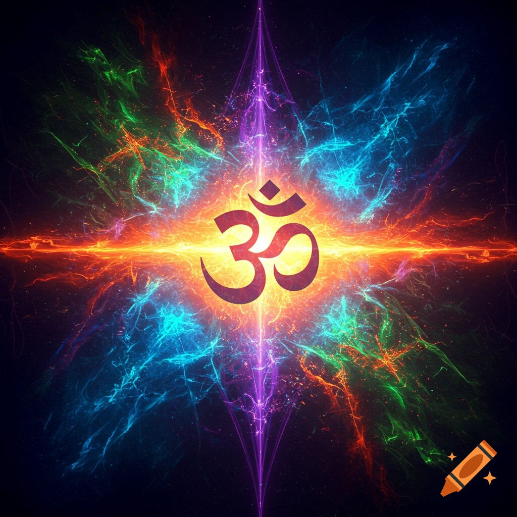 Vibrant Om symbol glows amidst a psychedelic explosion of colorful light trails and fractal energy.