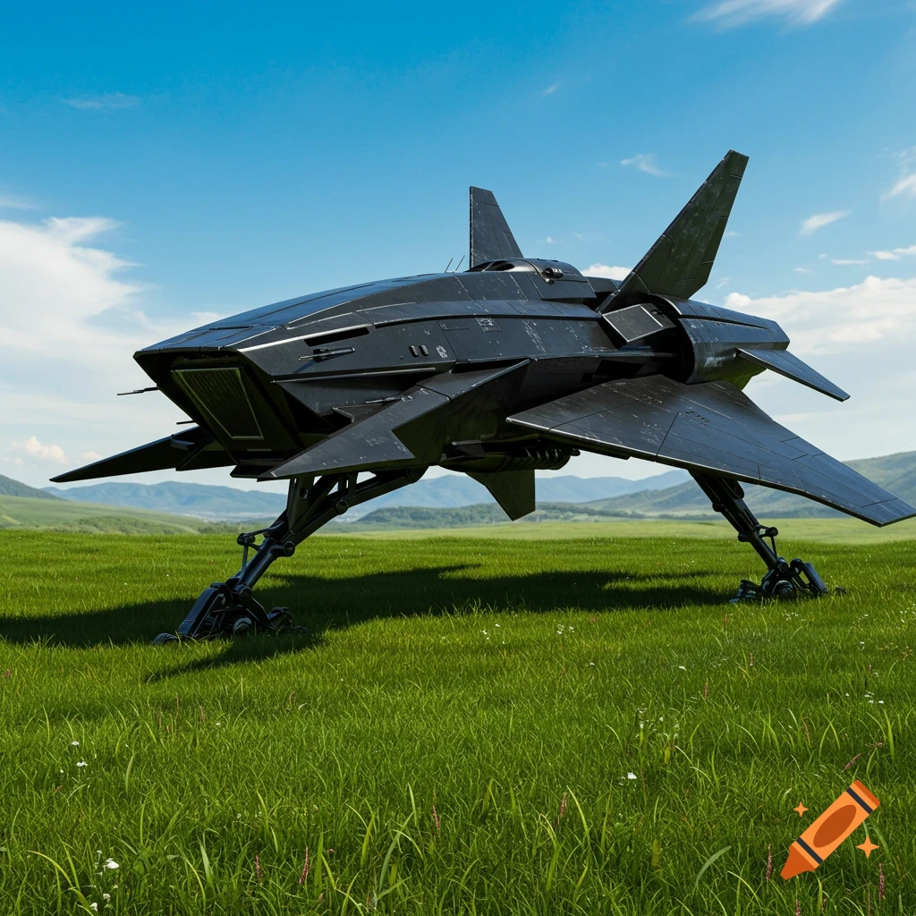 A black, angular spaceship with broad wings and landing gear rests on a sunny green field with distant hills under a blue sky.