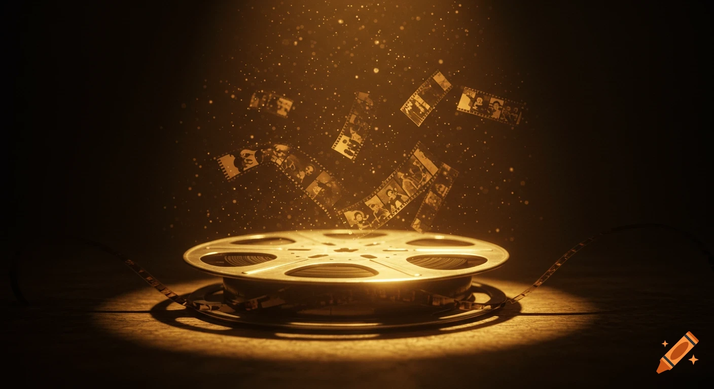 A glowing vintage film reel sits in a dark, dusty room with film strips showing classic cartoons and retro patterns floating above in a cinematic, moody style.