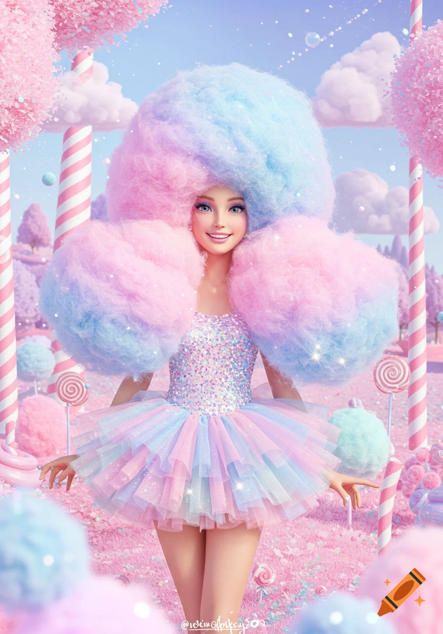 A doll-like girl with giant pastel pink and blue cotton candy hair and a sparkly tutu dress in a sugary candy land.
