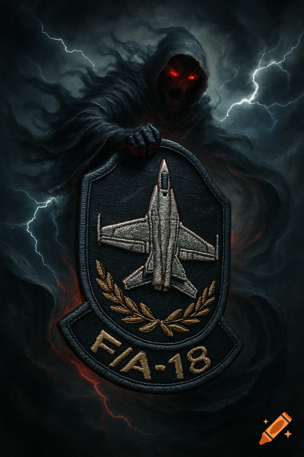 A grim reaper figure with glowing red eyes holds an F/A-18 fighter jet patch under a stormy, lightning sky.