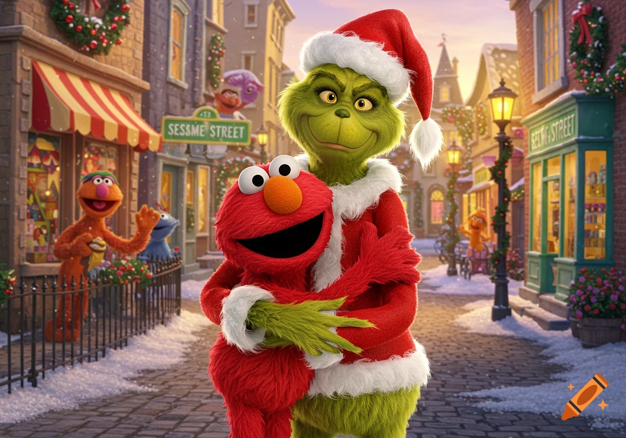 The Grinch in a Santa suit hugging Elmo on a snowy, festive street adorned with Christmas decorations and other characters.