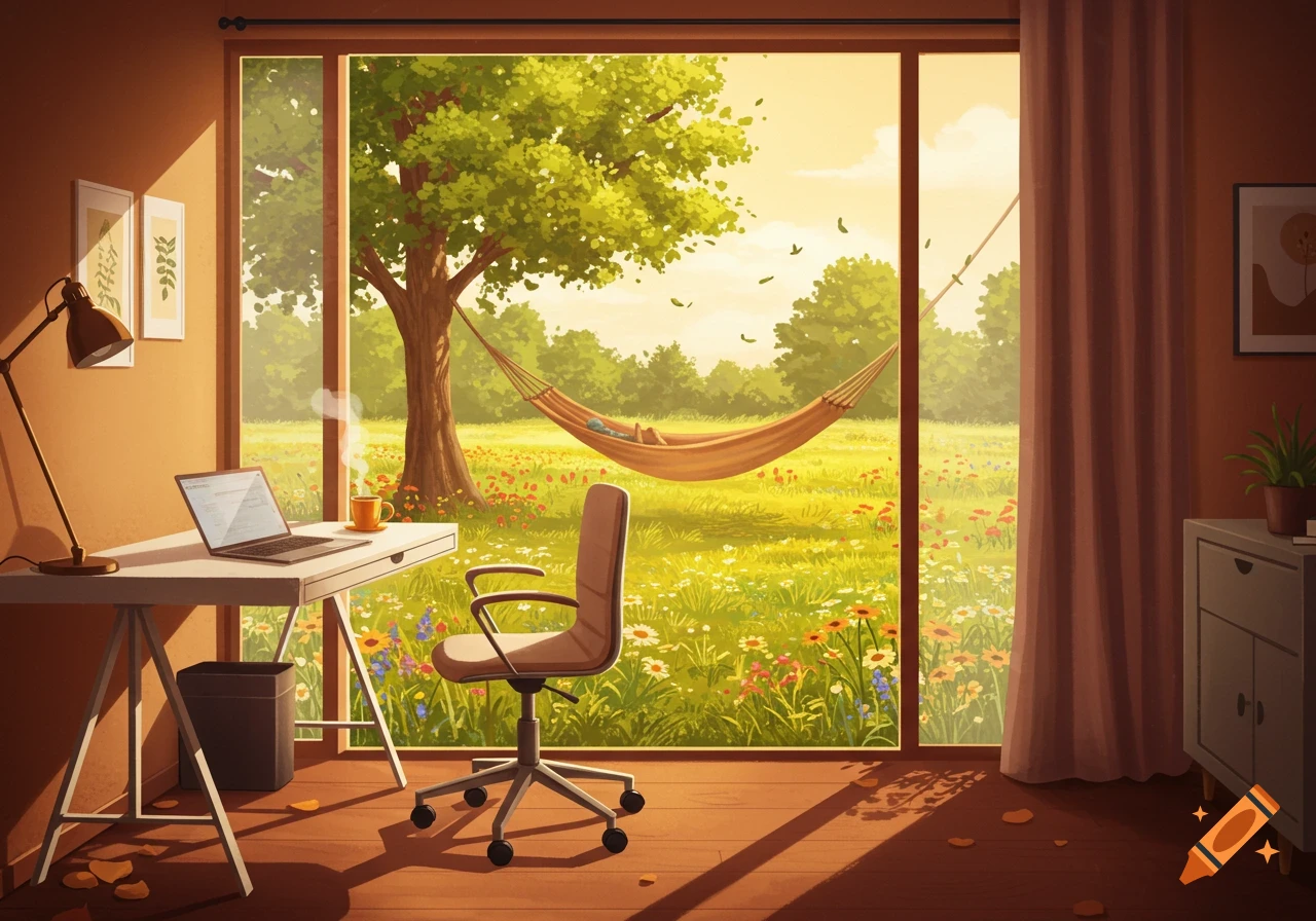 Illustrated view from a cozy room with a desk and laptop, looking out a large window to a sunny field with a person relaxing in a hammock under a tree.