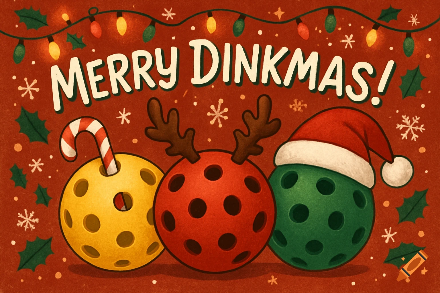 A festive red holiday illustration of three pickleballs (yellow, red, green) decorated with a candy cane, reindeer antlers, and a Santa hat, with text 'MERRY DINKMAS!' and string lights.