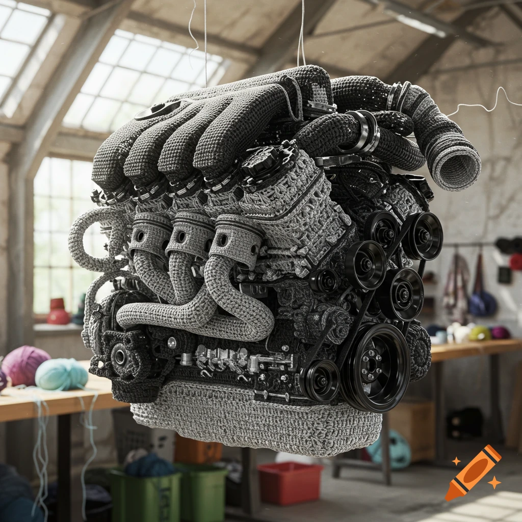 A detailed V8 car engine made entirely of intricate gray and black crochet, suspended in a bright workshop.