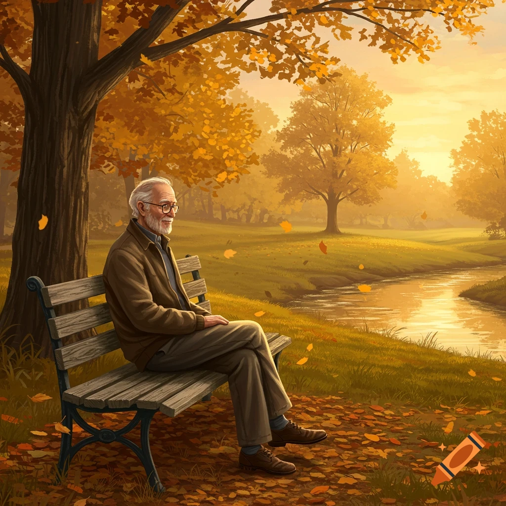 Elderly man with white hair and glasses sitting on a park bench next to a tranquil river under golden autumn trees.