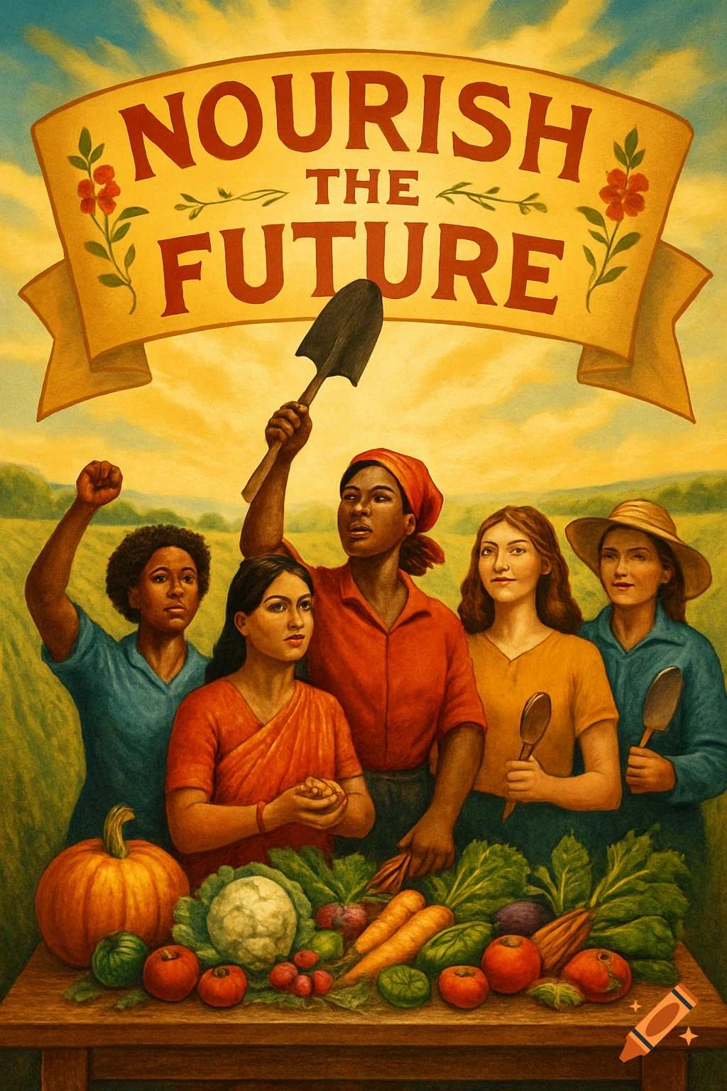 A vintage-style poster depicting diverse women with farming tools and a bountiful harvest of fresh produce, under a banner reading "NOURISH THE FUTURE" against a golden sky.
