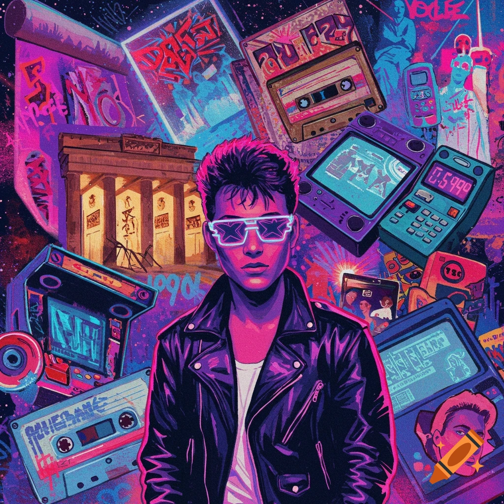 A stylized neon artwork featuring a man with glowing sunglasses and a leather jacket, surrounded by 80s and 90s pop culture items like cassette tapes, arcade machines, and vintage electronics, set against a vibrant, graffiti-filled background.