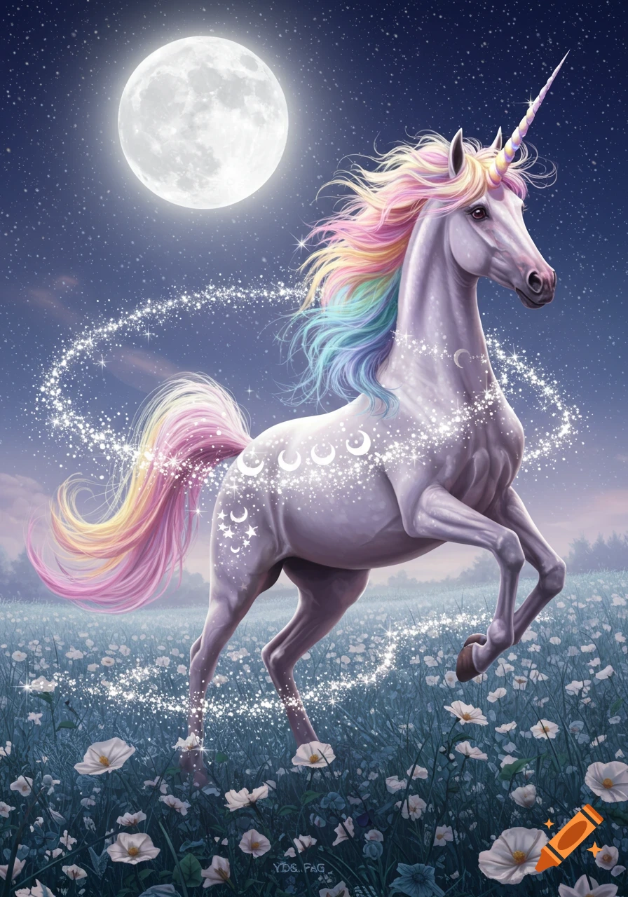A majestic unicorn with rainbow mane and tail prances in a moonlit field of white flowers, surrounded by magical sparkles, against a starry night sky.