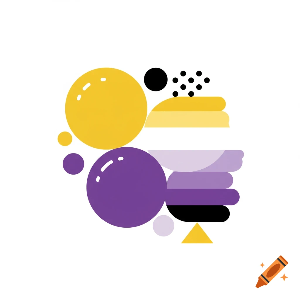 Abstract graphic art featuring circles, a triangle, and rounded rectangles in non-binary pride colors: yellow, white, purple, and black.