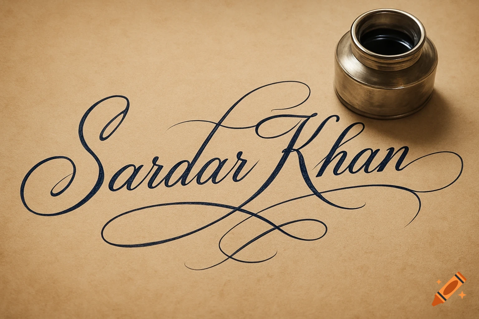 A calligraphic signature spelling "Sardar Khan" in dark ink on a light brown paper, with an antique inkwell beside it.