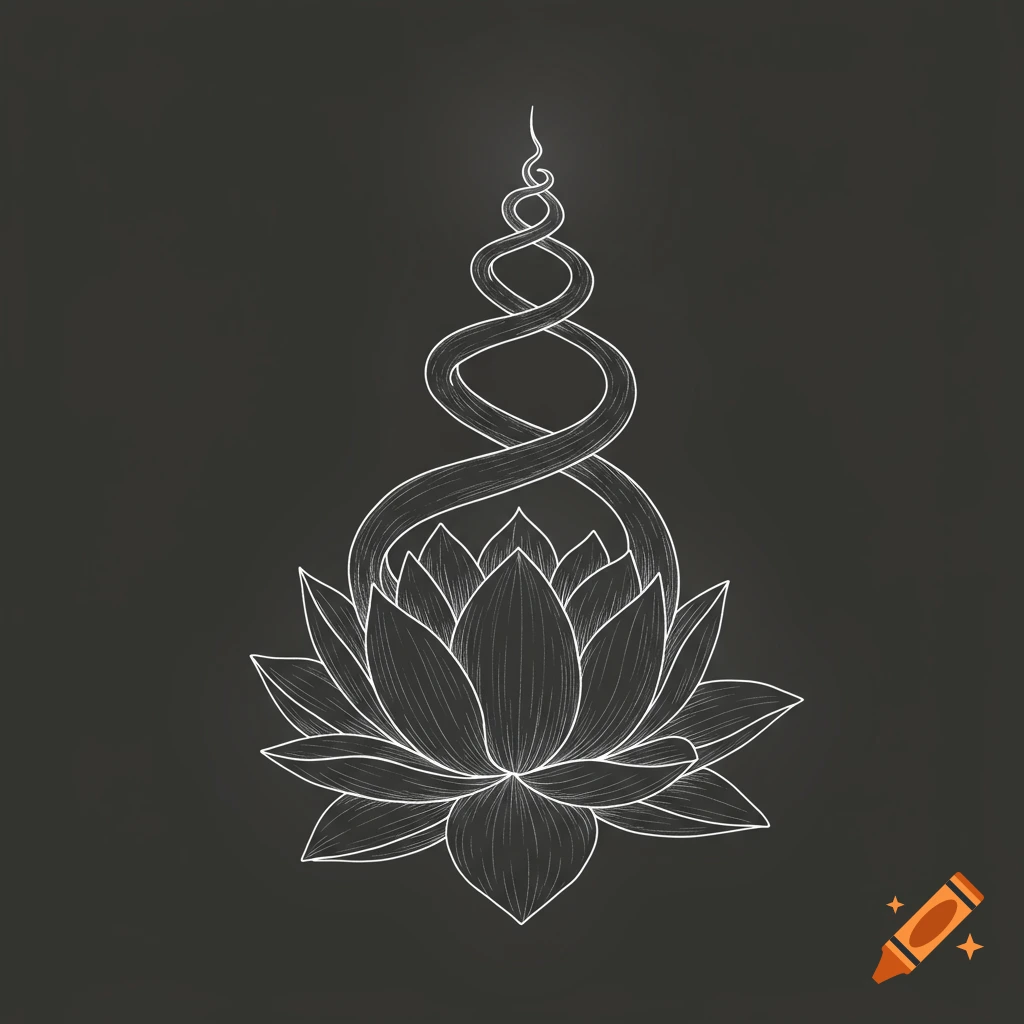 White line art sketch of a lotus flower with an intricate spiral extending upwards from its center on a dark background.
