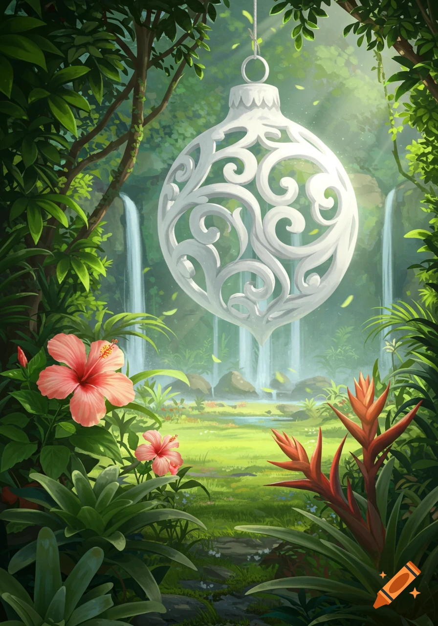 Lush tropical forest with pink hibiscus, red plants, and waterfalls. A large, white, intricately carved ornament hangs centrally.