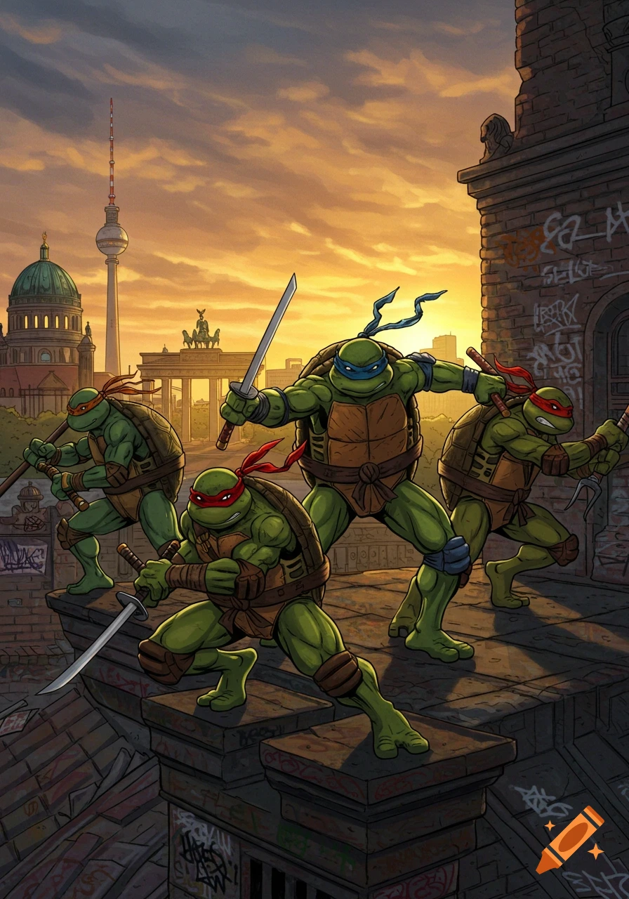 Four Ninja Turtles pose on a graffiti-covered rooftop overlooking the ...