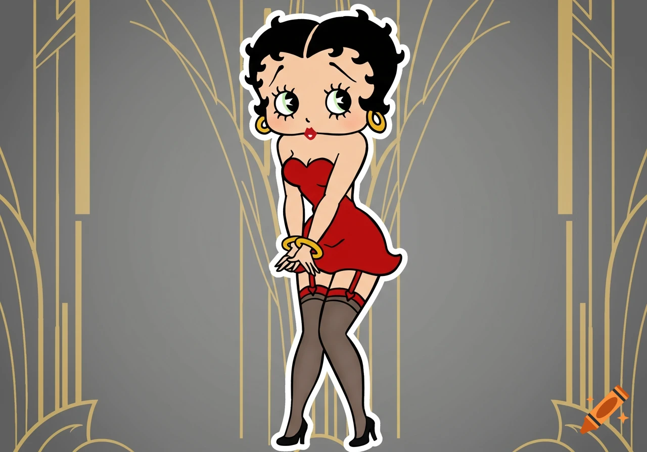 Sticker vector illustration of Betty Boop in a red dress, black stockings, and garters, against an art deco background.